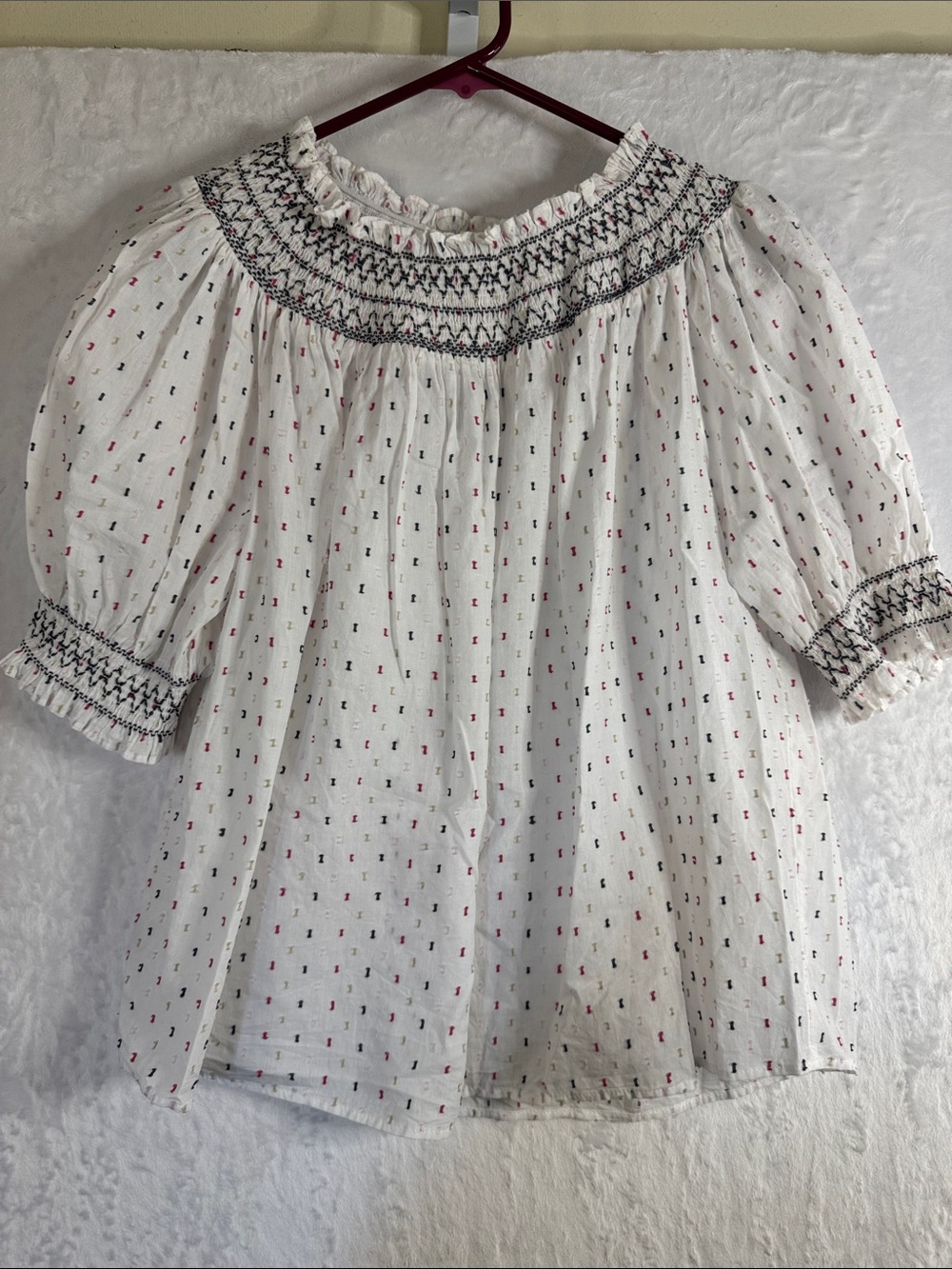 Loft White Smocked Puff Sleeve Top with Pink & Black Dot Detail